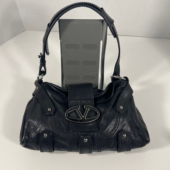 Buttery Soft Black Leather Valentino Garavani Handbag Purse Stylish Metal Accent - Picture 1 of 11